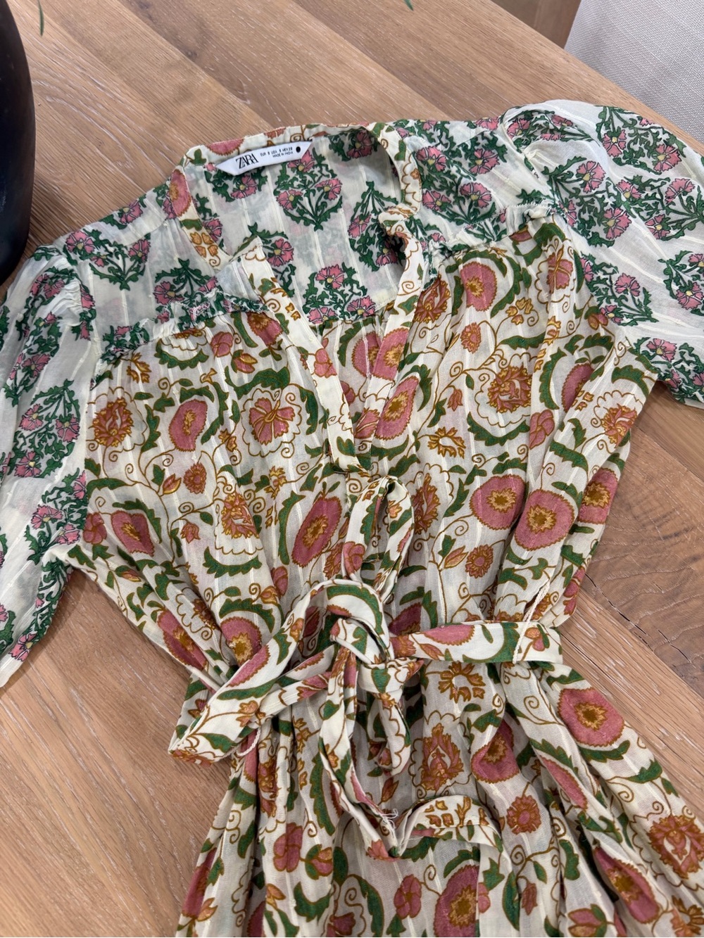 Zara Cream Floral Tie-Waist Tunic with Pink & Green Accents